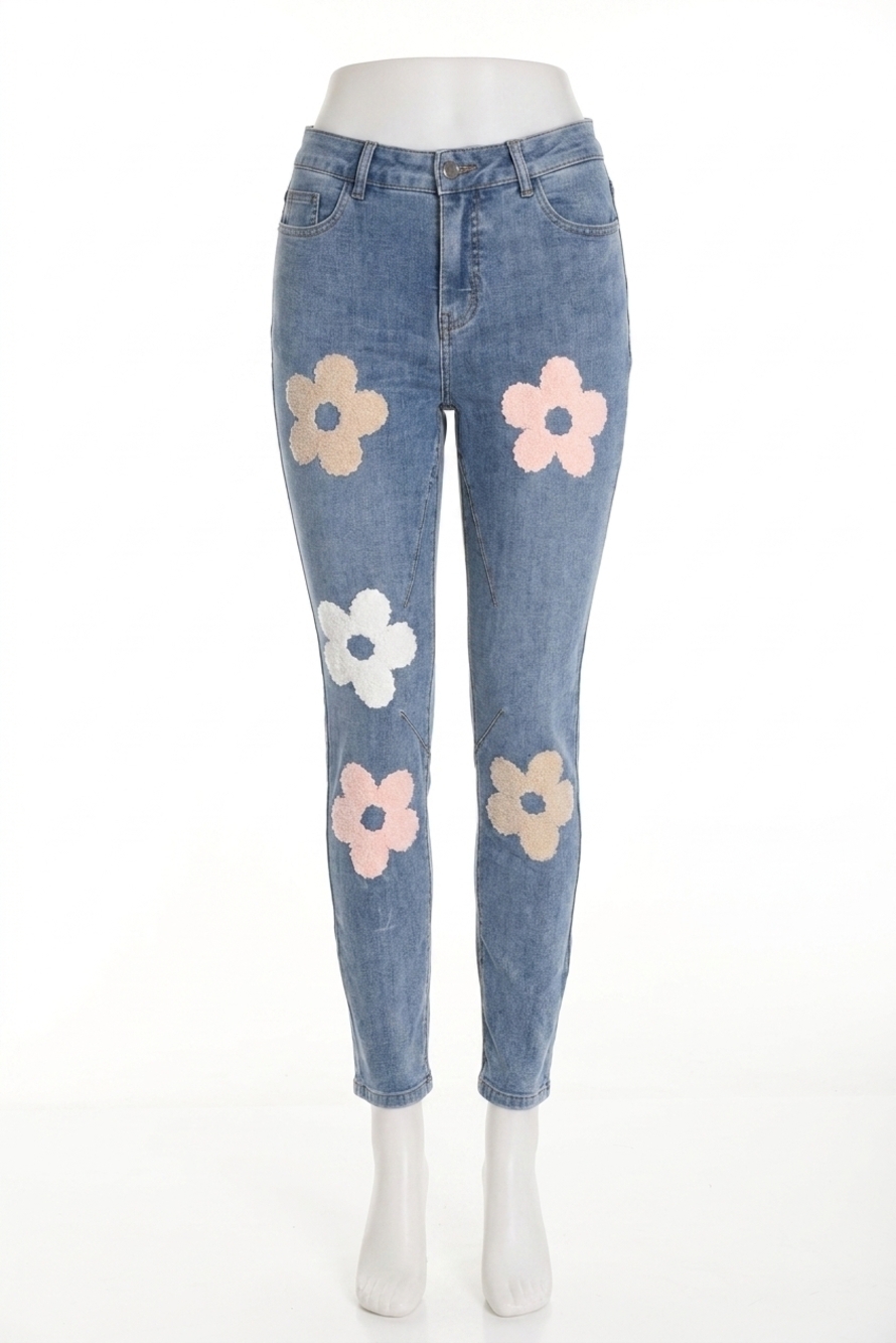 NEW FRANK LYMAN freesia floral embroidered denim jean in light blue, pinks and w